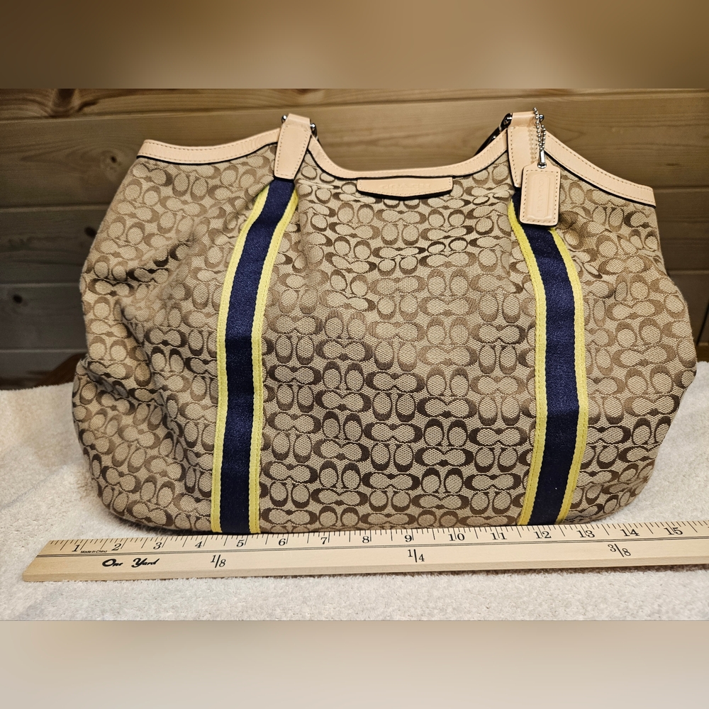 Coach Signature Devin Brown W/Blue And Yellow Stripe Bag